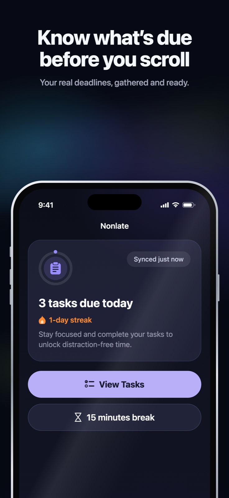 Nonlate iOS Home showing overdue and upcoming tasks from connected sources