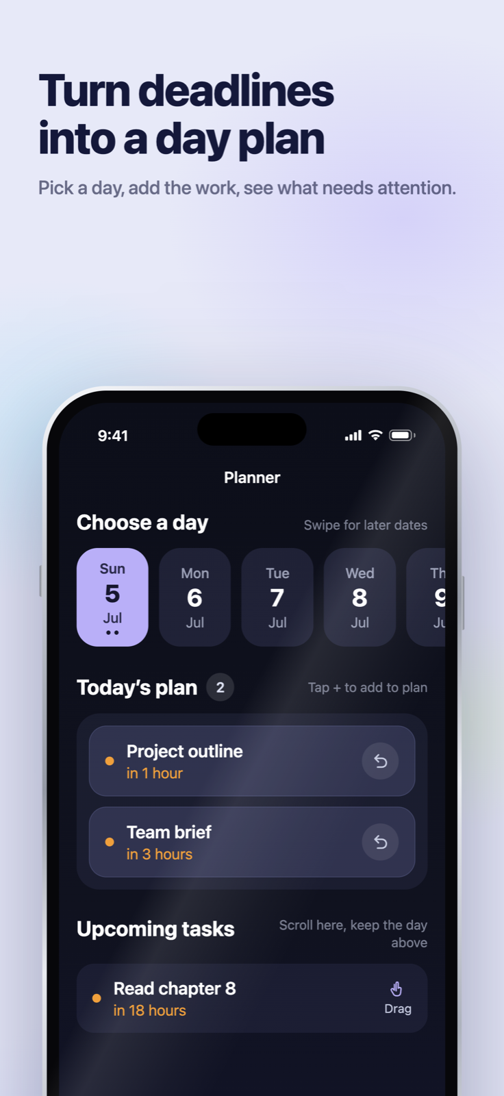 Nonlate iOS Planner assigning upcoming tasks to a chosen day